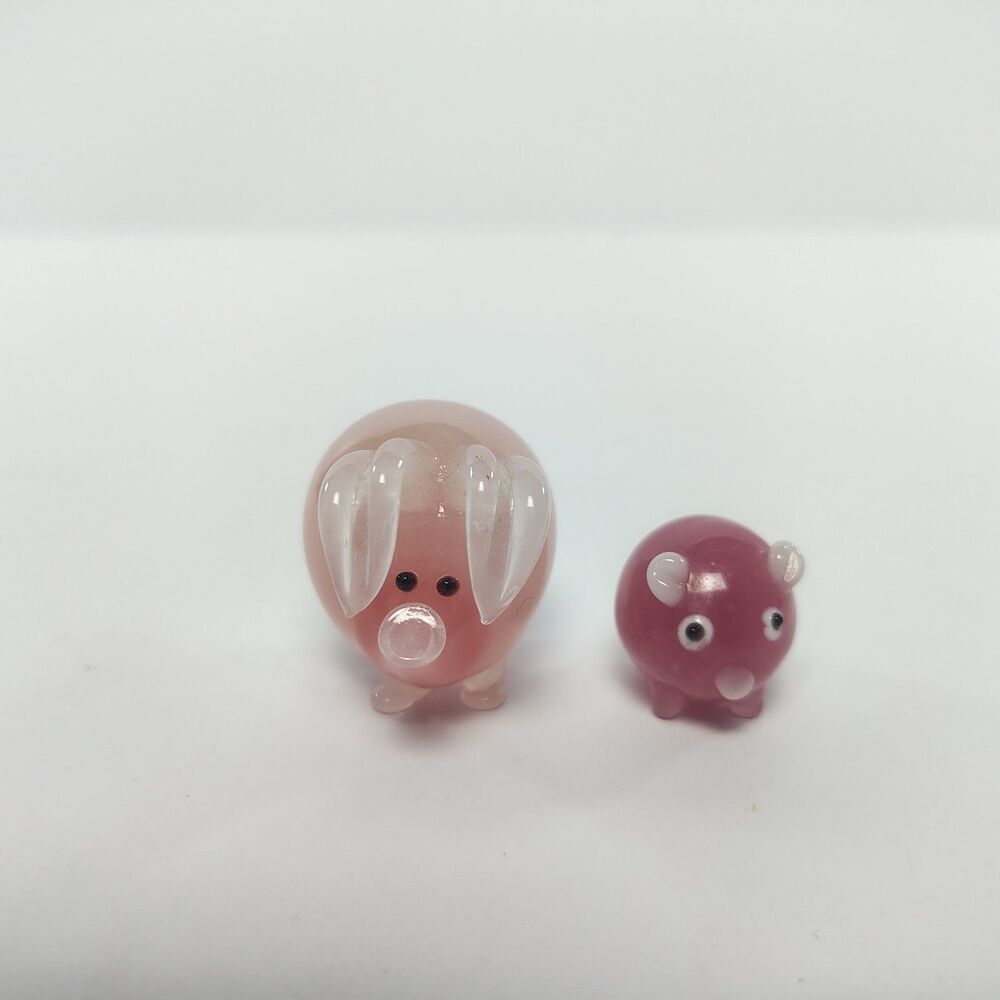 Hand-Blown Pink Glass Pig Mini Figurines Set Collectible Decor Set of 2